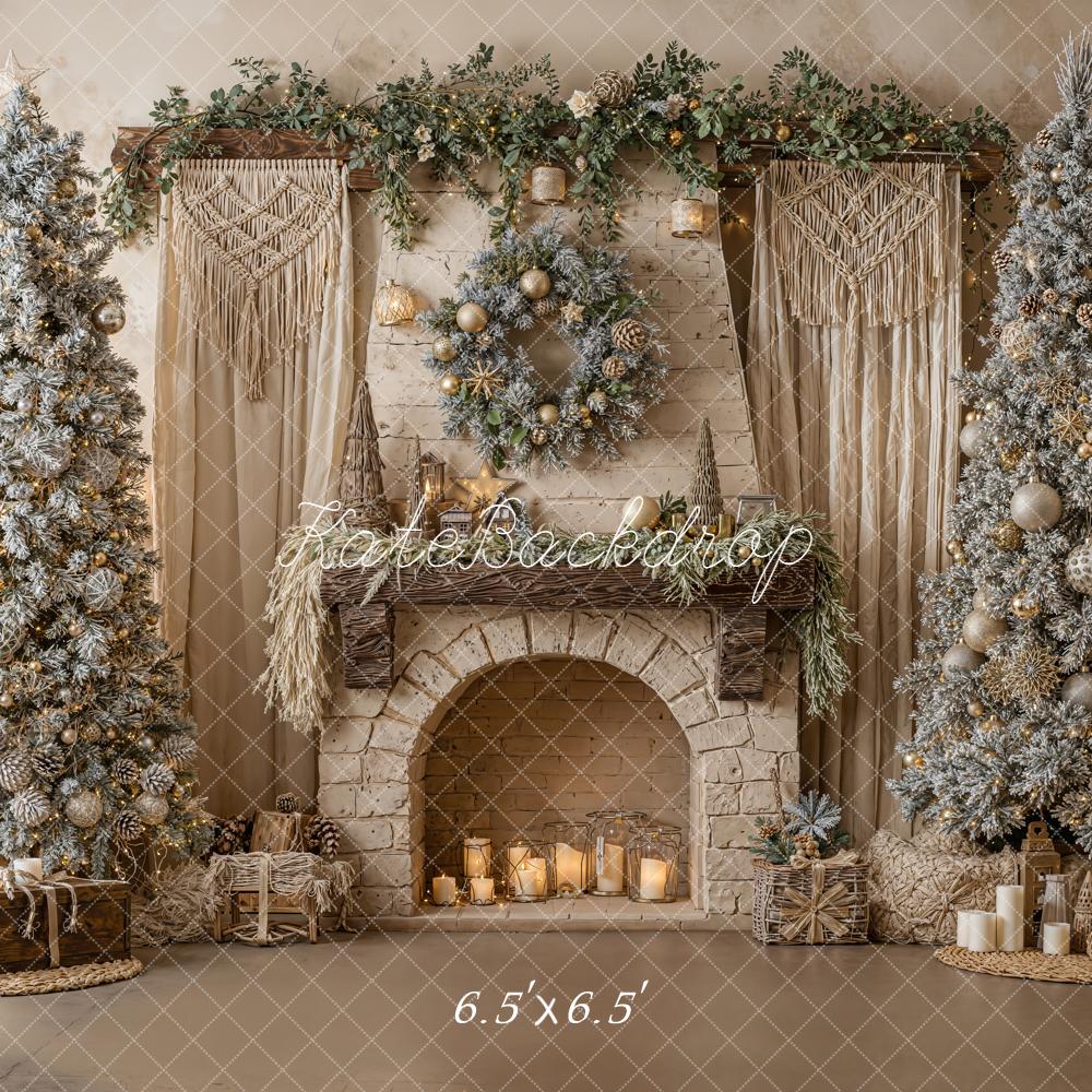 Kate Christmas Fireplace Frosted Trees Wreath Backdrop Designed by Emetselch - Kate Backdrop AU