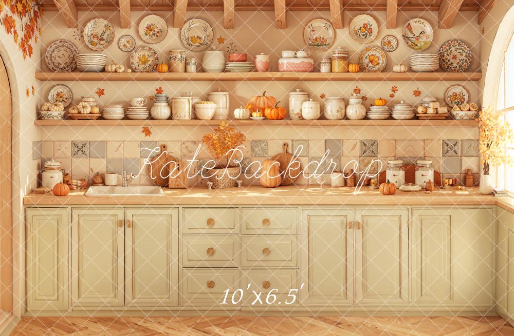 Kate Autumn Kitchen Pumpkins Fleece Backdrop Designed by Emetselch