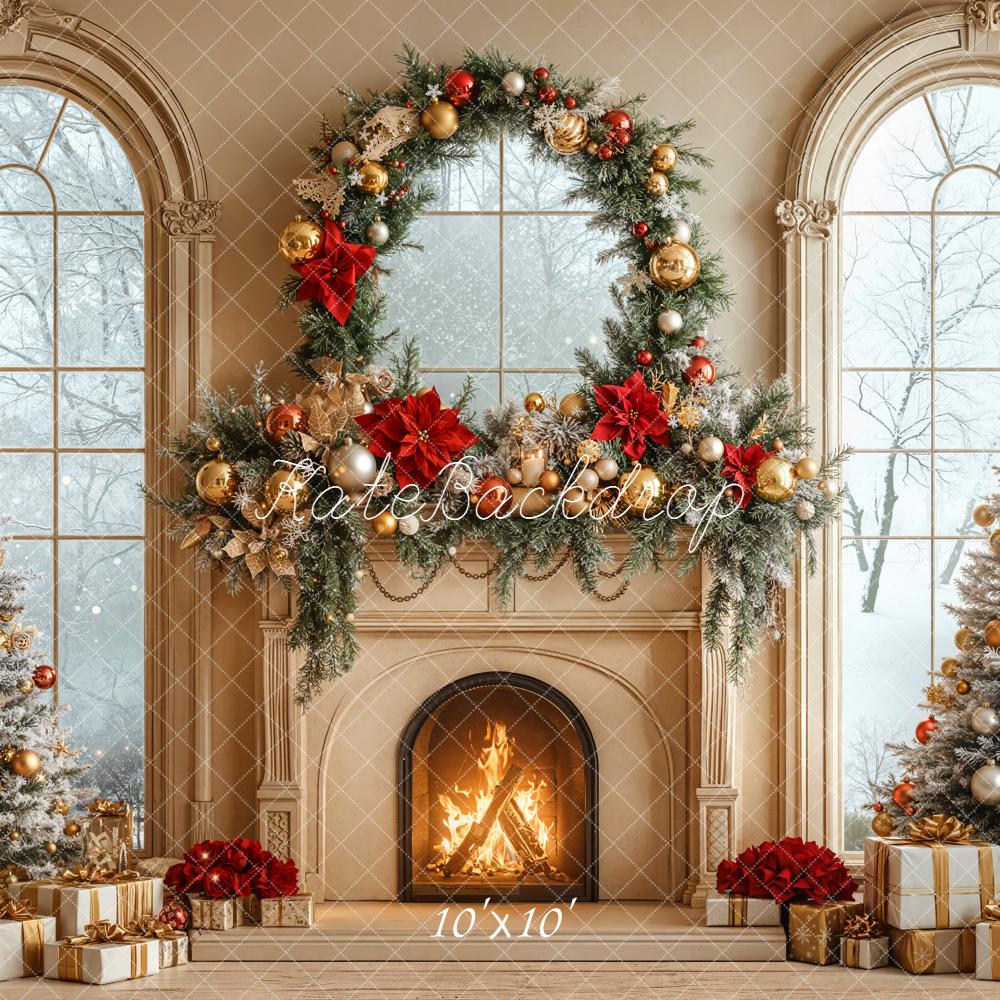 Kate Christmas Fireplace Window Wreath Backdrop Designed by Emetselch - Kate Backdrop AU