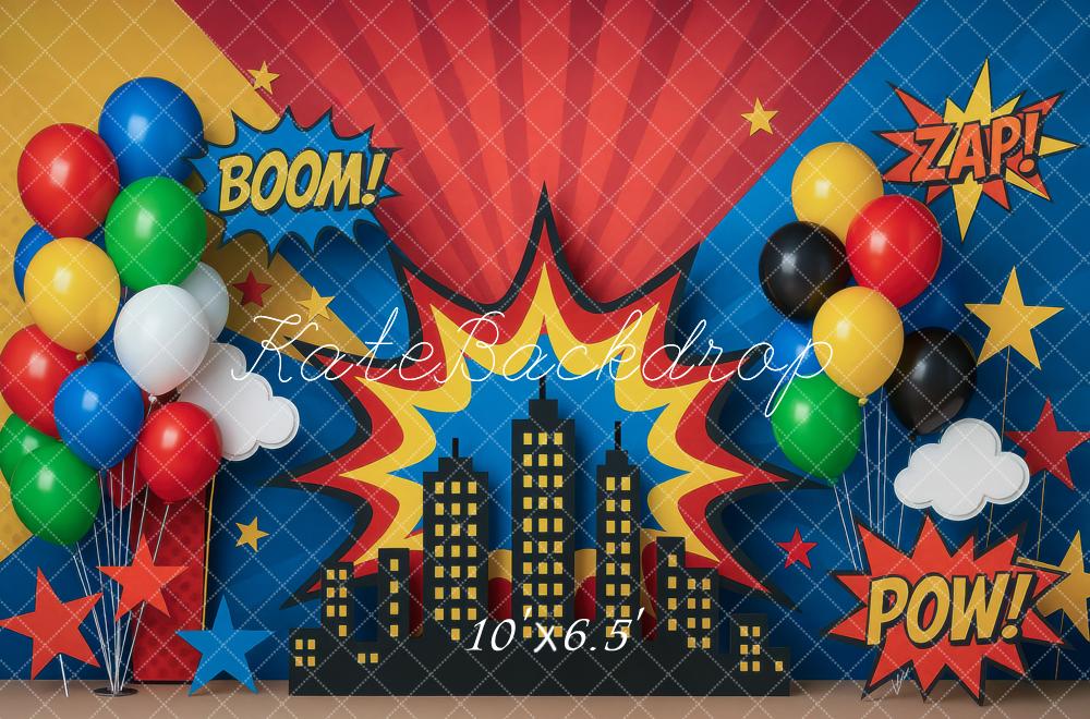 Kate Comic City Skyline Balloons Stars Backdrop Designed by Mini MakeBelieve