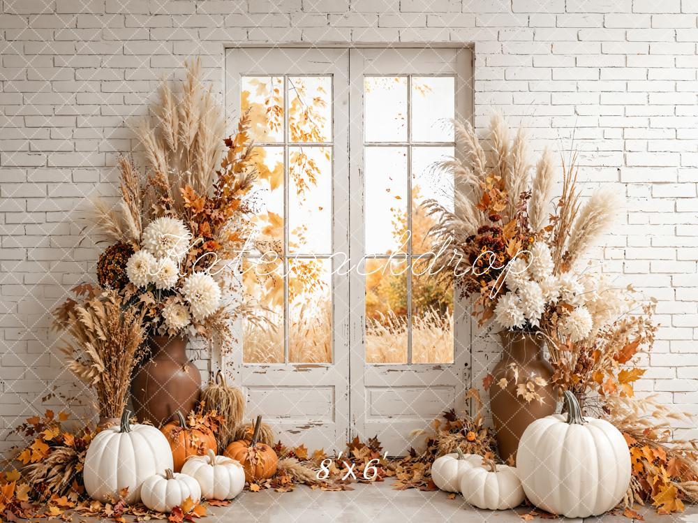 Kate Fall Pumpkins Dried Flowers White Brick Backdrop Designed by Emetselch