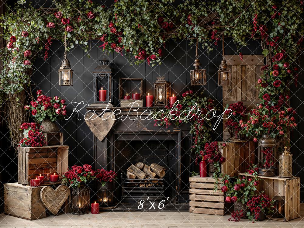 Kate Valentine Fireplace Roses Black Wall Backdrop Designed by Emetselch