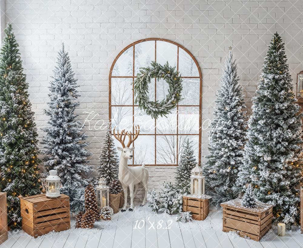 Kate Christmas Snowy Trees Reindeer Window Backdrop Designed by Emetselch