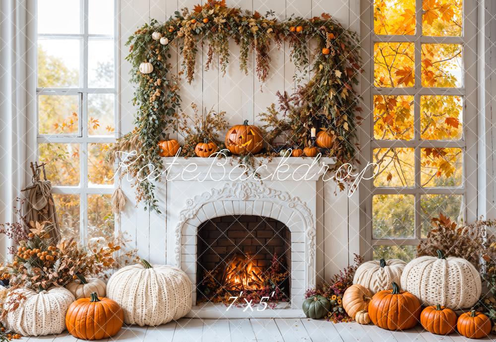 Kate Autumn Fireplace Pumpkins Window Backdrop Designed by Emetselch - Kate Backdrop AU