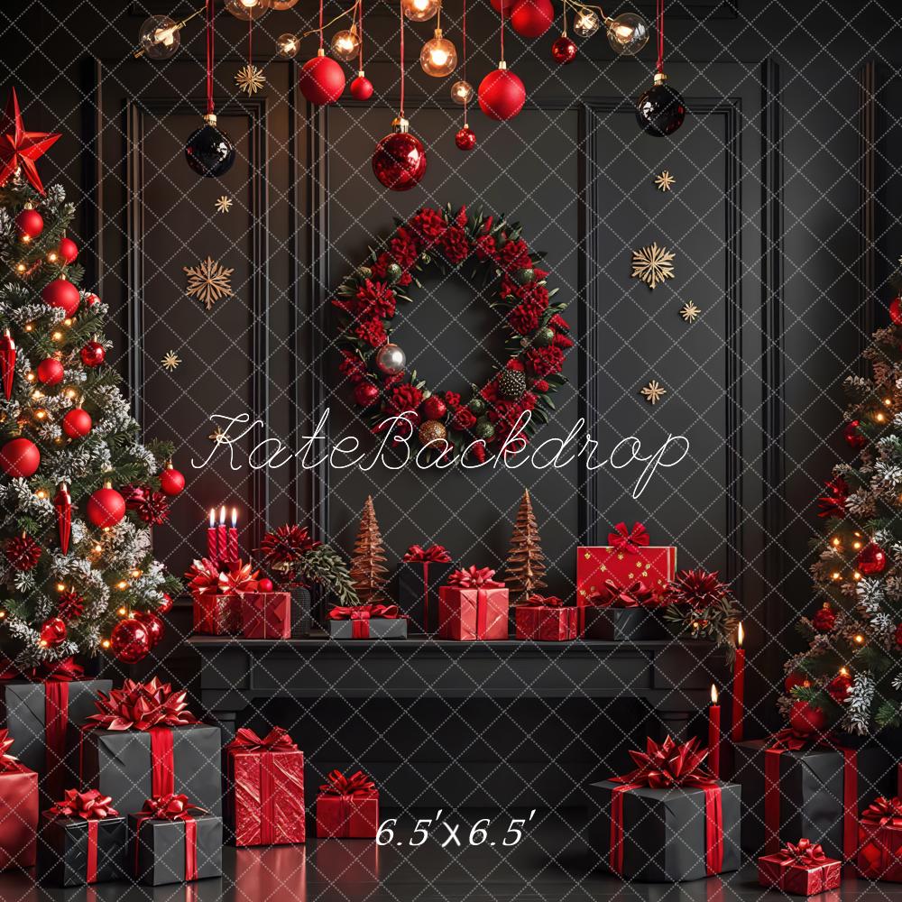 Kate Christmas Trees Wreath Presents Black Wall Backdrop Designed by Mini MakeBelieve
