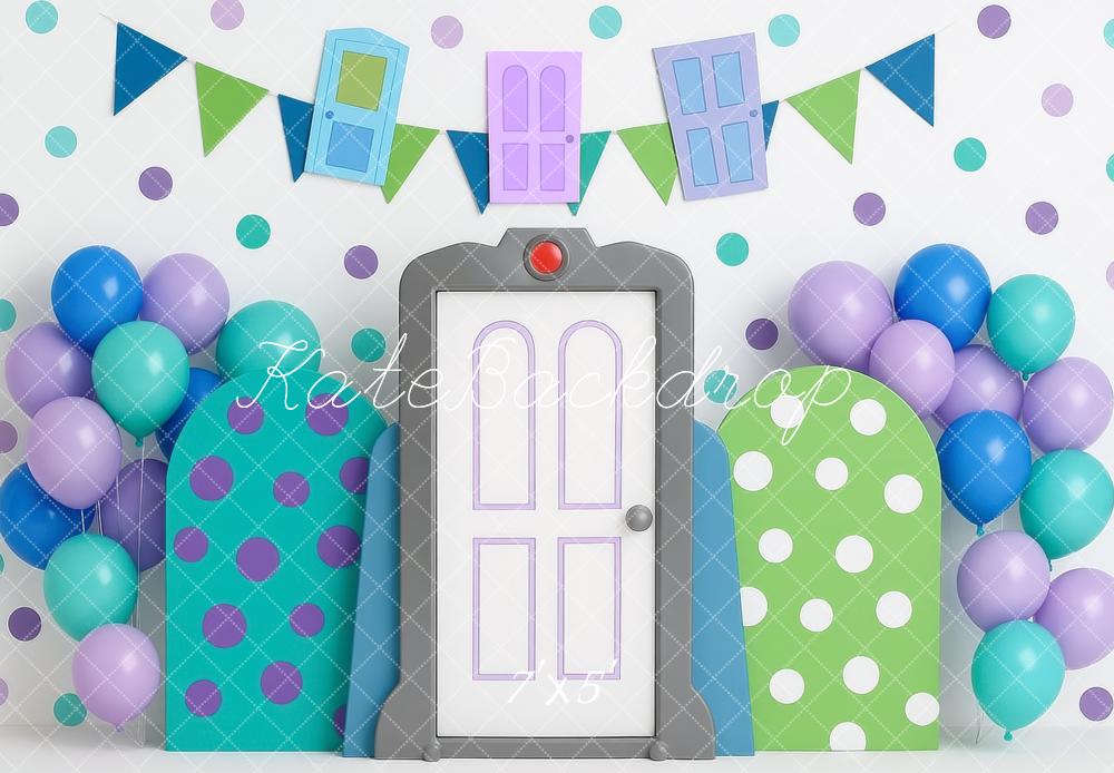 Kate Cartoon Doors Bunting Balloons Polka Dots Backdrop Designed by Mini MakeBelieve