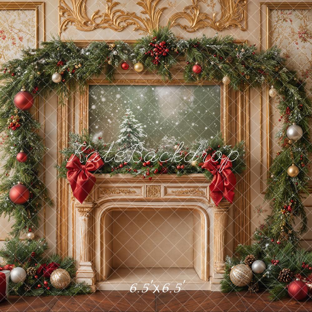 Kate Christmas Fireplace Garland Ornaments Backdrop Designed by Emetselch - Kate Backdrop AU