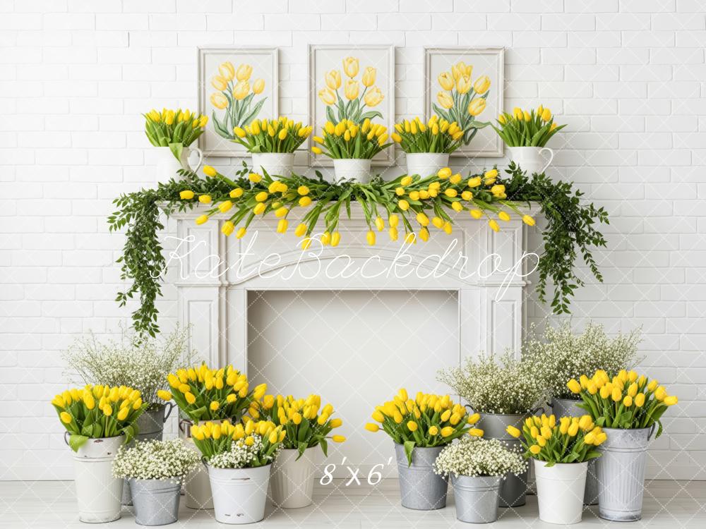 Kate Spring Yellow Tulips Greenery White Brick Fleece Backdrop Designed by Patty Roberts