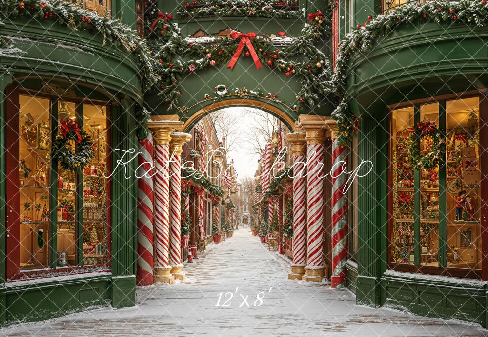 Kate Christmas Candy Cane Archway Snowy Street Fleece Backdrop Designed by Emetselch - Kate Backdrop AU
