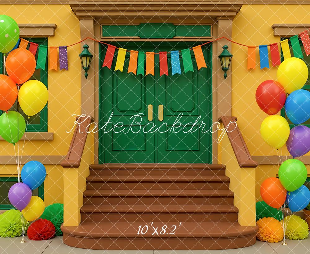 Kate Party Steps Balloons Bunting Colourful Backdrop Designed by Mini MakeBelieve