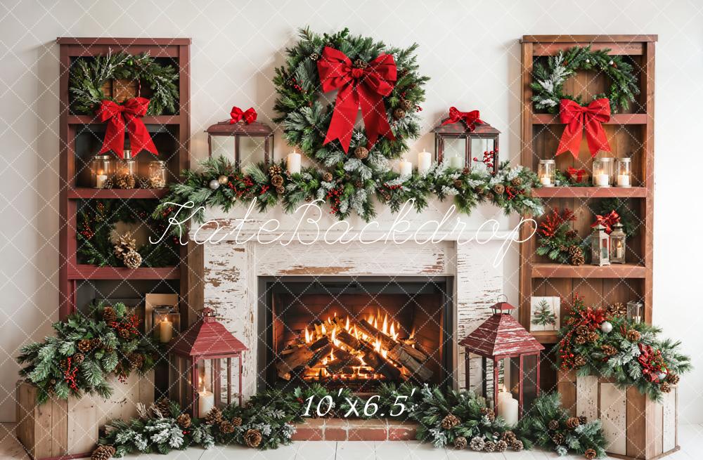 Kate Christmas Fireplace Red Bows Fleece Backdrop Designed by Emetselch - Kate Backdrop AU