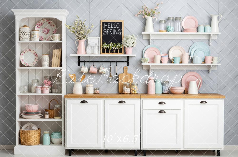 Kate Spring Kitchen Cabinets Crockery Backdrop Designed by Patty Roberts