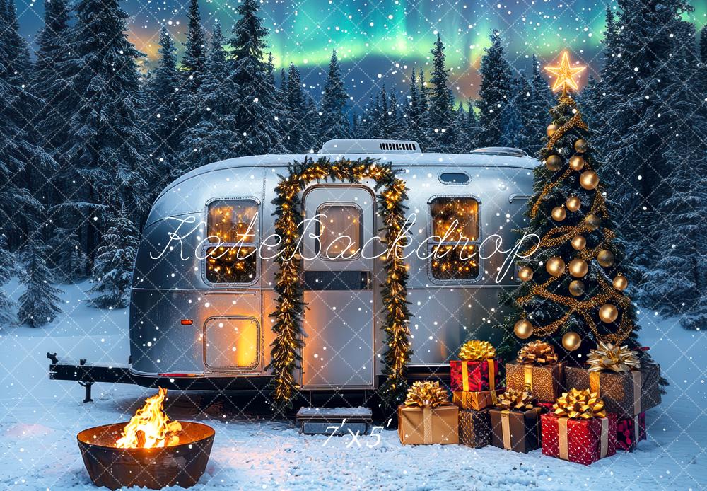 Kate Christmas Caravan Tree Aurora Snow Backdrop Designed by Mini MakeBelieve - Kate Backdrop AU