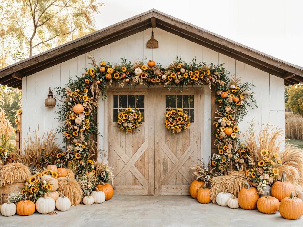 Kate Autumn Pumpkins Sunflowers Rustic Barn Backdrop Designed by Emetselch