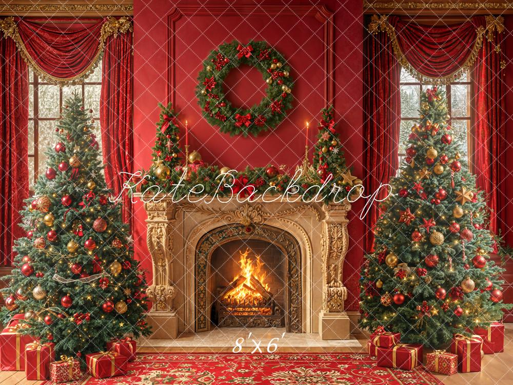 Kate Christmas Fireplace Red Wall Fleece Backdrop Designed by Emetselch - Kate Backdrop AU