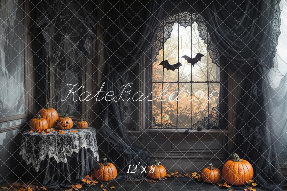 Kate Halloween Pumpkins Bats Spiderweb Fleece Backdrop Designed by Emetselch