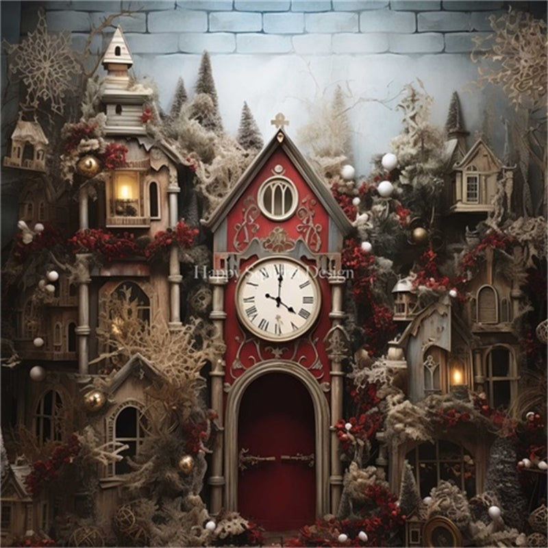 Kate Christmas Clock House Red Vintage Backdrop Designed by Happy Squirrel Design