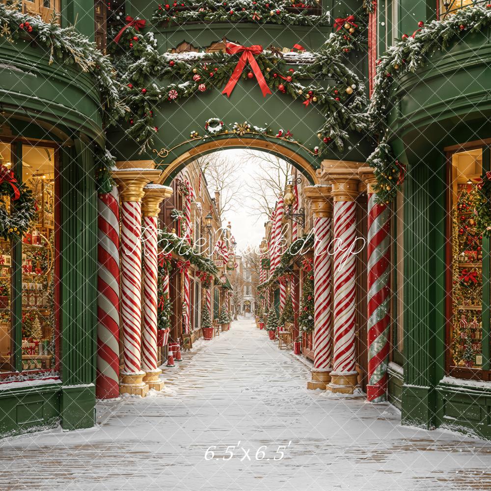 Kate Christmas Candy Cane Archway Snowy Street Backdrop Designed by Emetselch - Kate Backdrop AU