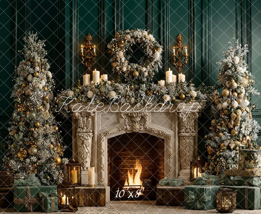 Kate Christmas Fireplace Wreath Green Wall Fleece Backdrop Designed by Emetselch - Kate Backdrop AU