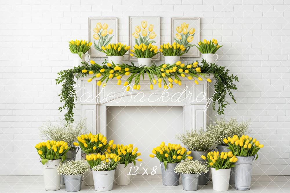 Kate Yellow Tulips White Brick Fireplace Backdrop Designed by Patty Roberts