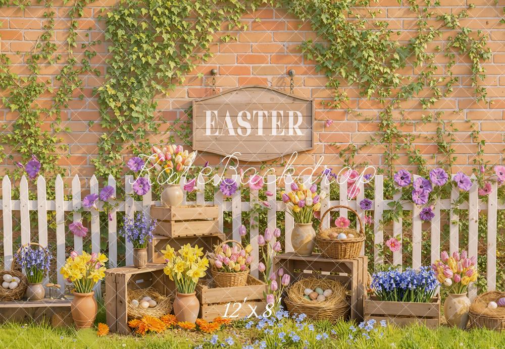 Kate Easter Flowers Eggs Brick Wall Fleece Backdrop Designed by Emetselch