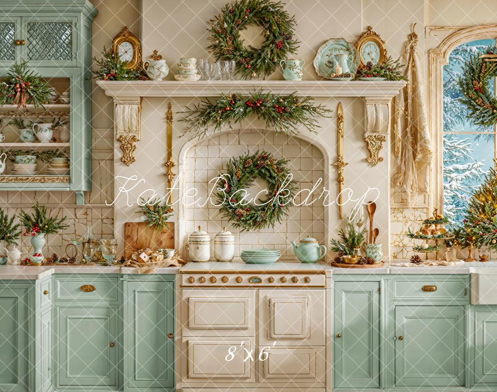 Kate Christmas Kitchen Wreath Green Fleece Backdrop Designed by Emetselch - Kate Backdrop AU