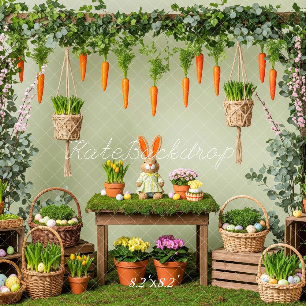 Kate Easter Bunny Carrots Flower Baskets Greenery Backdrop Designed by Patty Roberts