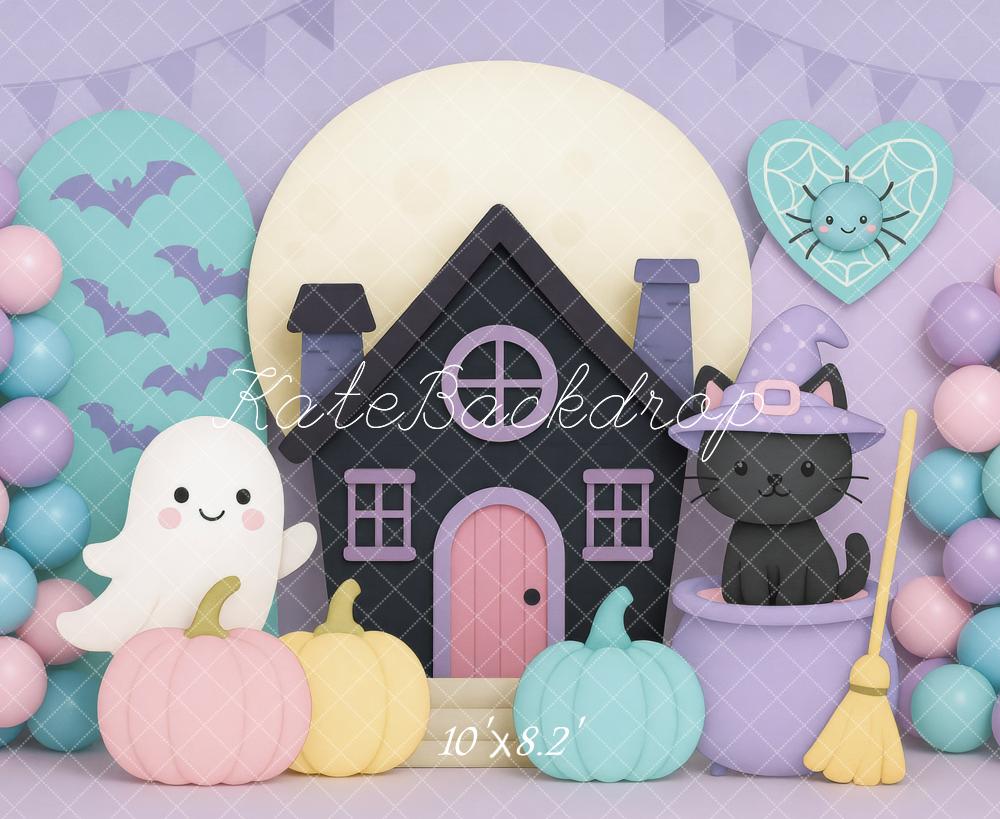 Kate Halloween House Ghost Cat Pumpkins Backdrop Designed by Mini MakeBelieve