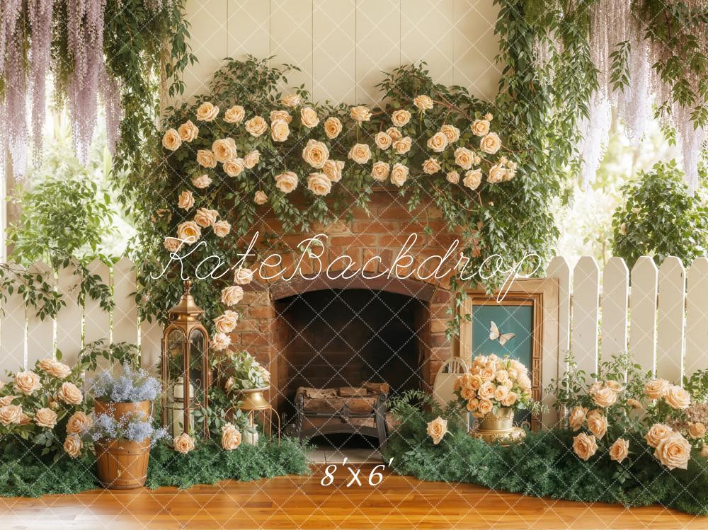 Kate Fireplace Spring Flower Fleece Backdrop Designed by Emetselch