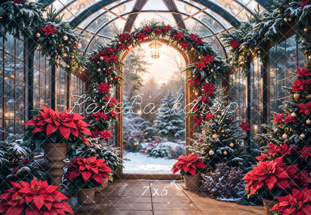 Kate Christmas Poinsettia Garland Snowy Trees Backdrop Designed by Emetselch - Kate Backdrop AU