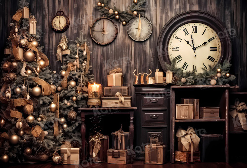 Kate Christmas Tree Clocks Gifts Wood Backdrop Designed by Emetselch - Kate Backdrop AU