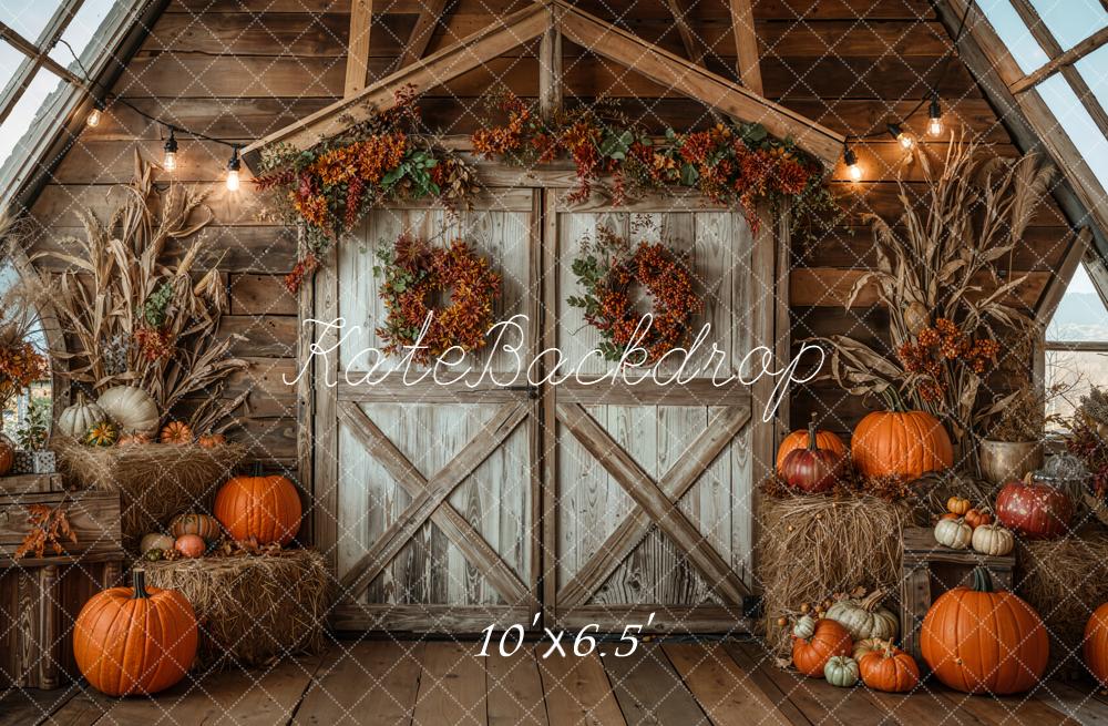Kate Autumn Barn Door Pumpkins Hay Fleece Backdrop Designed by Chain