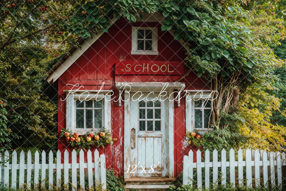 Kate Back to School Red Cottage Apple Trees Fleece Backdrop Designed by Emetselch - Kate Backdrop AU