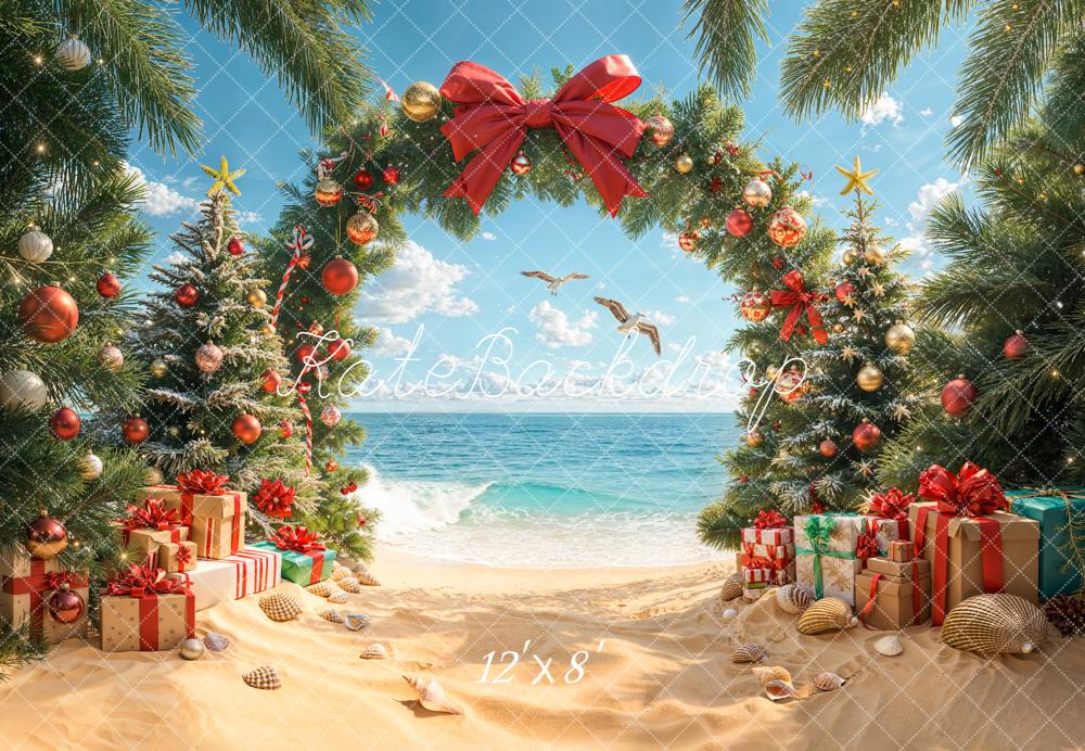 Christmas Beach Trees Arch Presents Fleece Backdrop Designed by Emetselch
