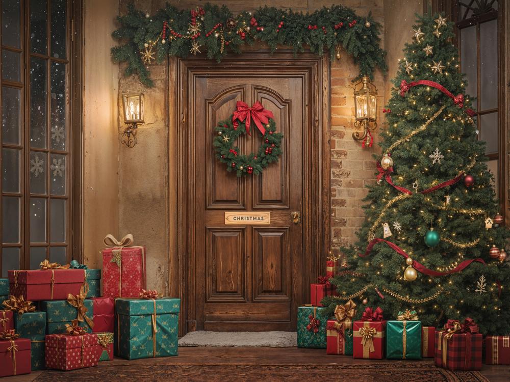 Kate Christmas Tree Presents Wooden Door Backdrop Designed by GQ - Kate Backdrop AU