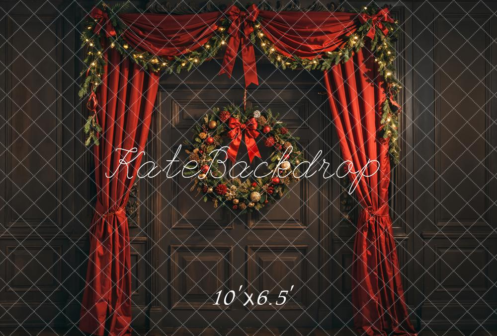 Kate Christmas Wreath Red Curtains Fleece Backdrop Designed by Emetselch - Kate Backdrop AU