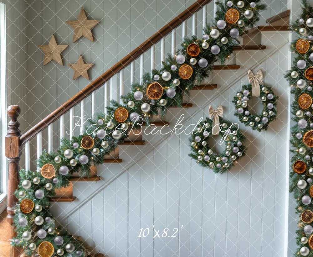 Kate Christmas Staircase Garland Stars Wreaths Backdrop Designed by Mini MakeBelieve - Kate Backdrop AU