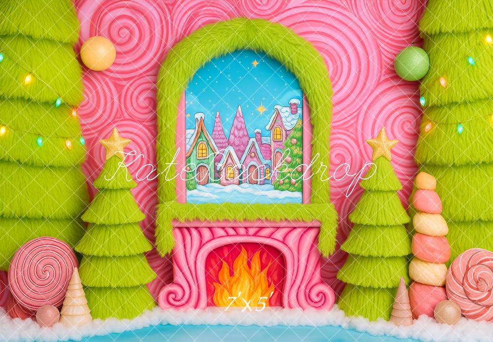 Kate Christmas Candy Fireplace Green Trees Backdrop Designed by Patty Roberts