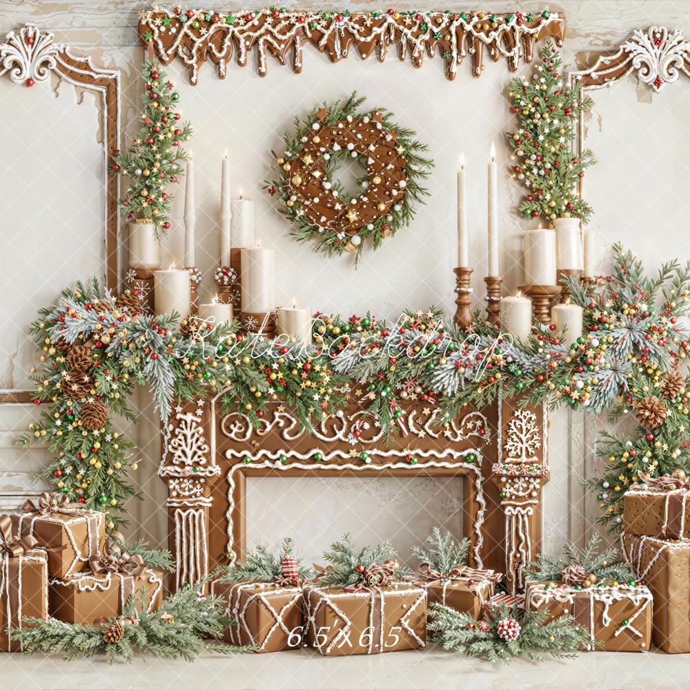 Kate Christmas Gingerbread Fireplace Presents Backdrop Designed by Emetselch