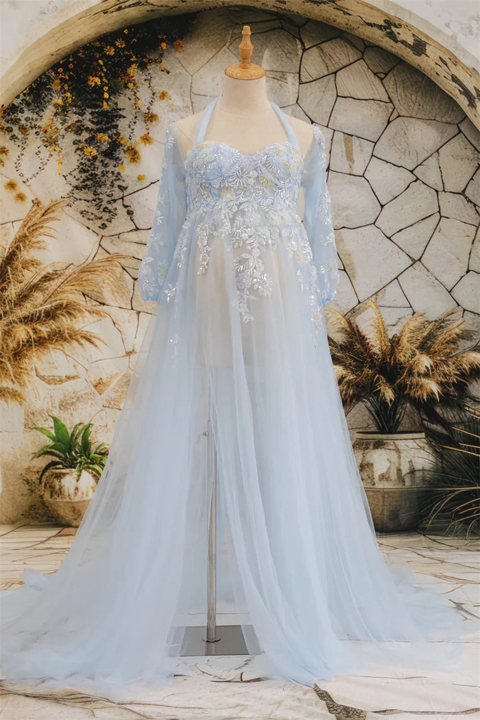 Kate Mesh Hanging Neck Mid Sleeve Trailing Maternity Photoshoot Dress - Kate Backdrop AU