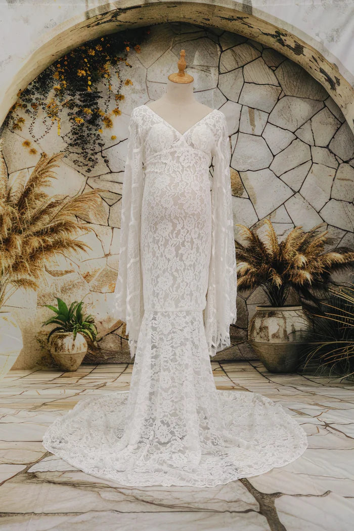 Kate Lace V-neck Trailing White Maternity Photoshoot Dress - Kate Backdrop AU