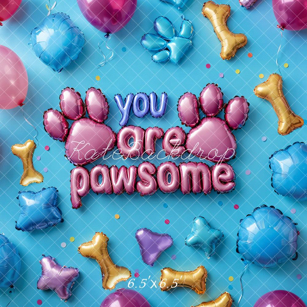 Kate Paw Print Bone Balloon Confetti Blue Backdrop Designed by Emetselch