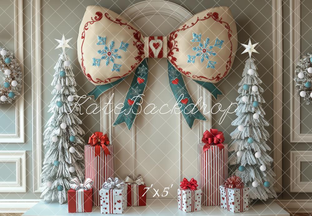 Kate Christmas Bow Snowy Trees Backdrop Designed by Mini MakeBelieve - Kate Backdrop AU
