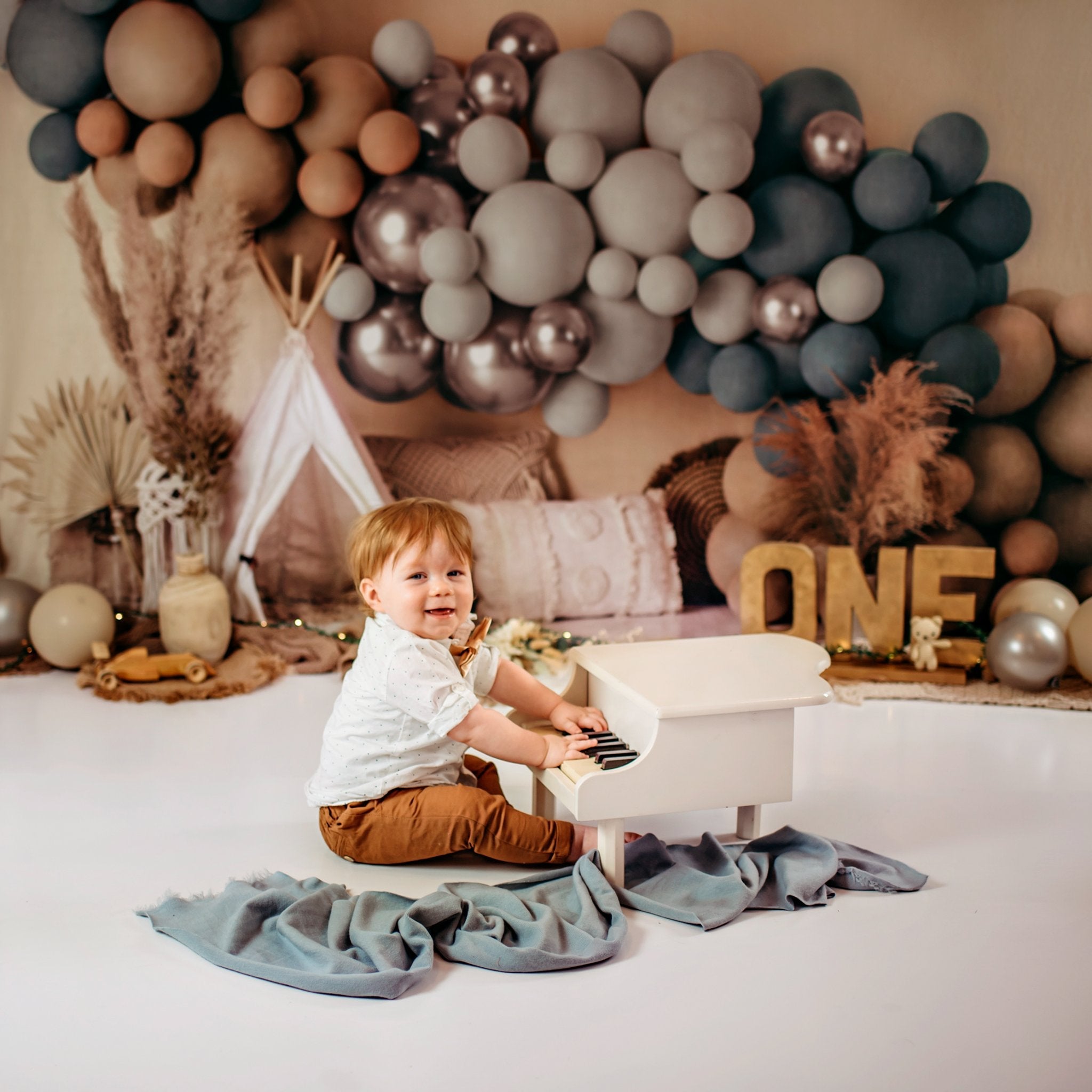 Kate Boho Balloons Tent Fleece Backdrop Matte Blue Designed by Mandy Ringe Photography