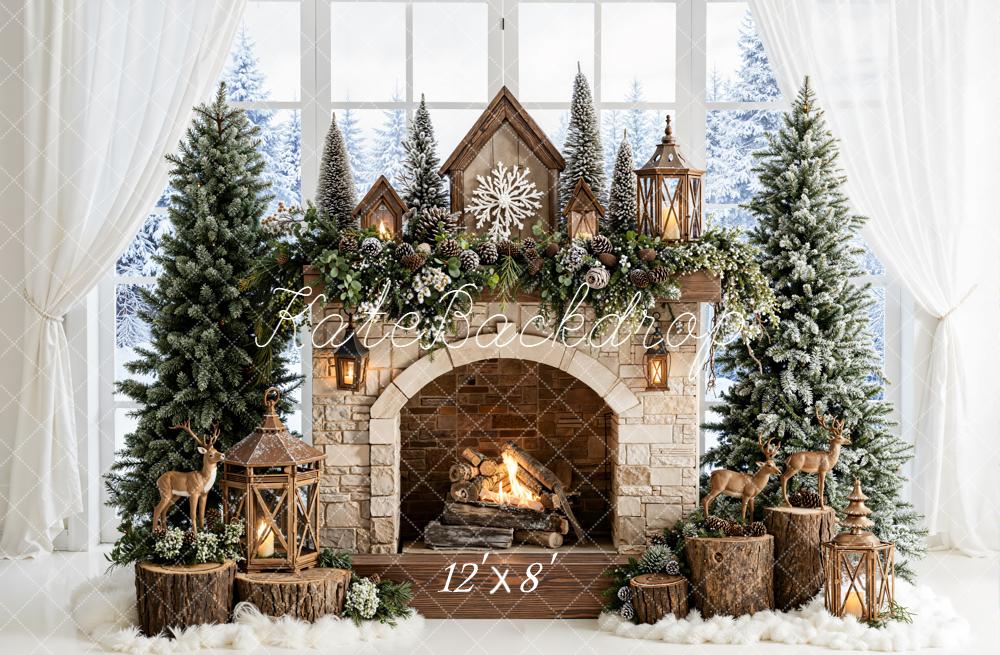 Kate Christmas Fireplace Pine Trees Backdrop Designed by Emetselch