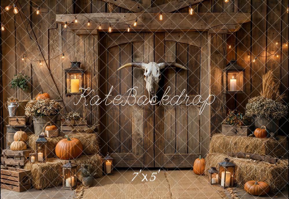 Kate Autumn Barn Door Pumpkins Hay Backdrop Designed by Emetselch - Kate Backdrop AU