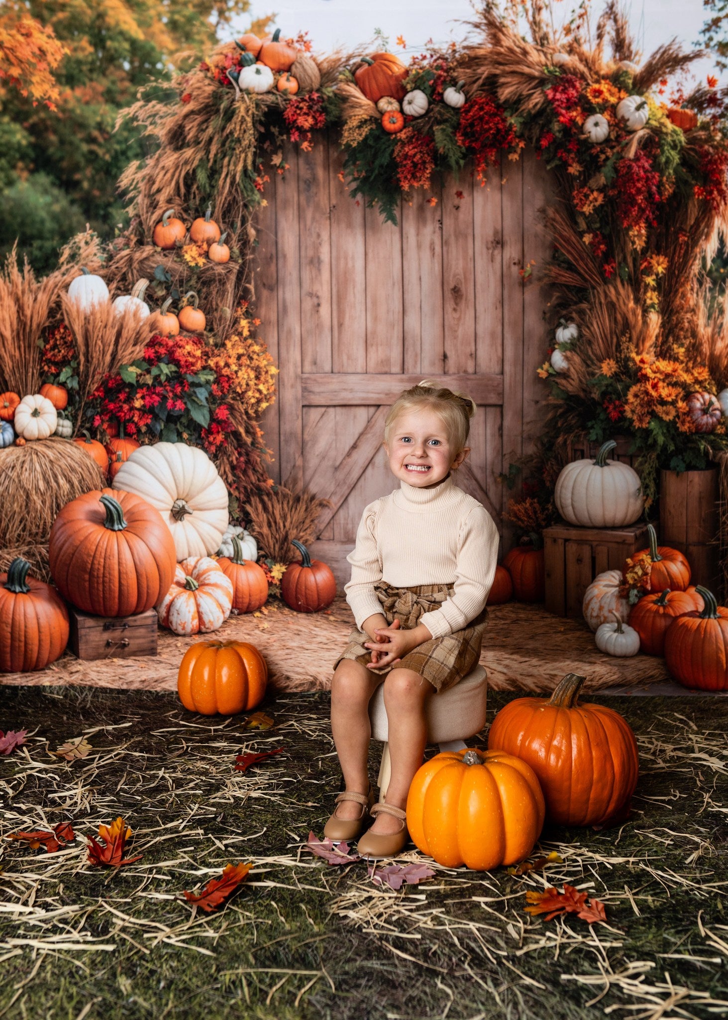 Kate Autumn Backdrop Pumpkins Hay Bales Barn Door Designed by Emetselch
