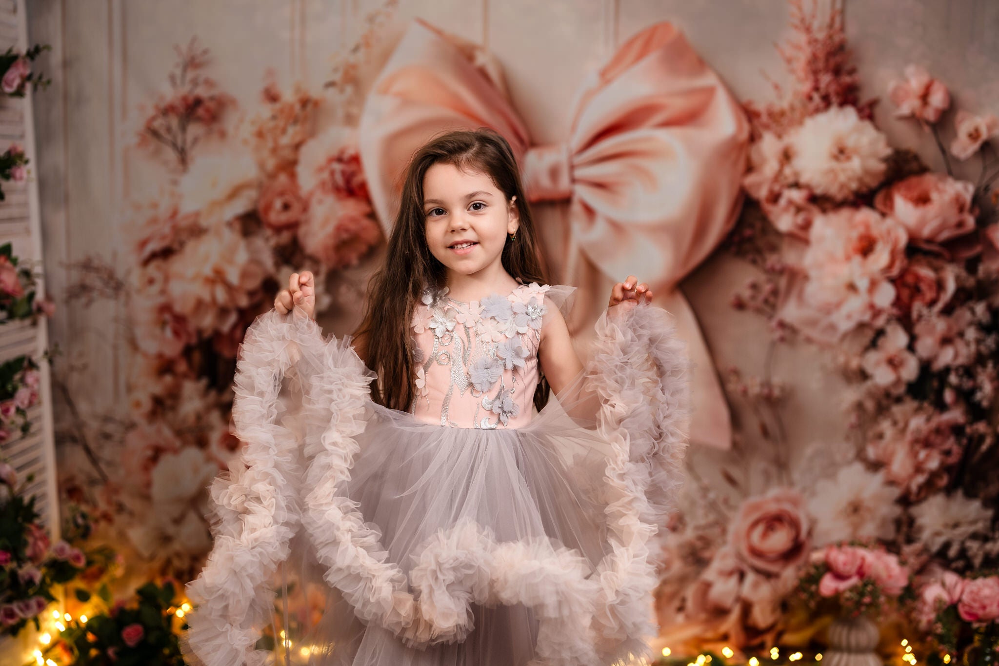 Kate Pink Flowers Bow Backdrop Designed by Emetselch