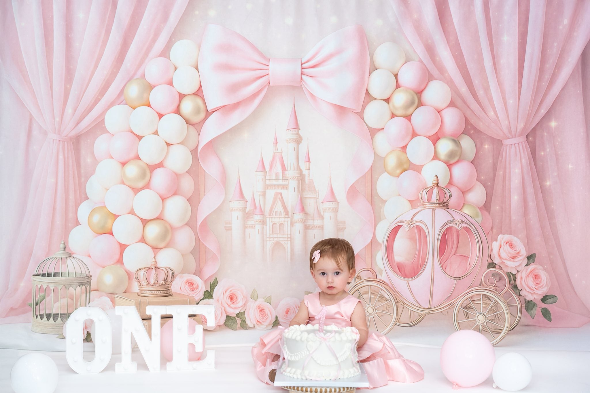 Kate Pink Bow Princess Castle Carriage Backdrop Designed by Ashley Paul - Kate Backdrop AU