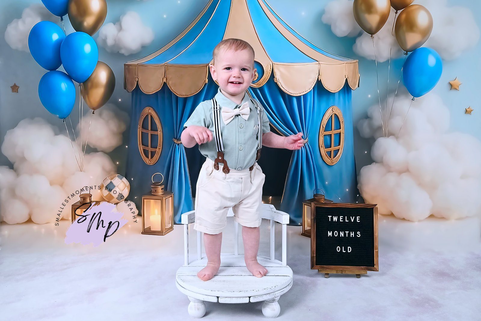 Kate Light Blue Gold Circus Backdrop Designed by Ashley Paul